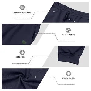 Vistas detalladas de los pantalones deportivos con textura azul marino para hombre