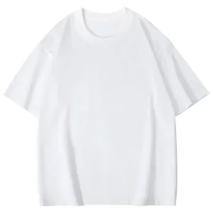 Detail view of white drop shoulder cotton T-shirt showing round neck and sleeve cut