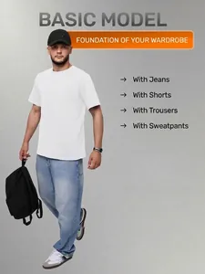 Man wearing a basic white short-sleeve t-shirt with blue jeans and a backpack.