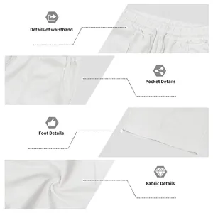 Gros plan des détails du short en maille gaufrée blanche pour hommes, taille et poche.