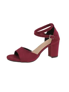 Elegant burgundy suede block heel sandals with adjustable ankle strap buckle
