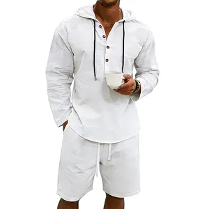 Conjunto de lino blanco para hombre con camisa de manga larga con capucha y shorts