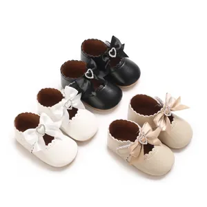 Baby Mädchen Mary Jane Prinzessin Schuhe Schleife Strass Herz PU Leder Gummisohle Säugling Lauflernschuhe