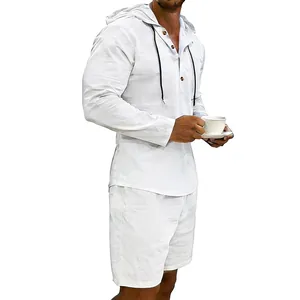Conjunto casual de lino blanco para hombre con camisa de manga larga con capucha y pantalones