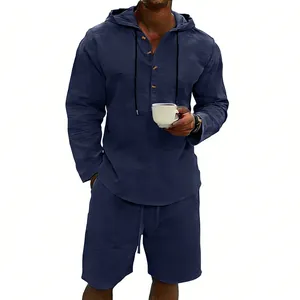 Conjunto informal de lino azul marino para hombre con sudadera con capucha y pantalón corto