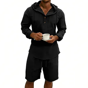 Conjunto casual de lino negro para hombre con camisa con capucha y pantalones cortos