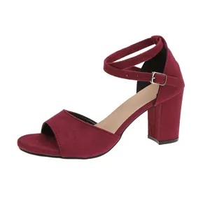 Elegant burgundy suede chunky high heel sandals with adjustable ankle strap buckle