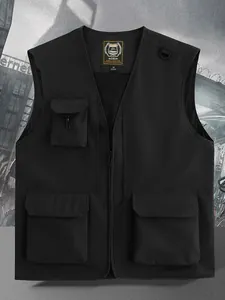 Gilet utilitaire noir professionnel à poches multiples pour l'extérieur avec fermeture éclair