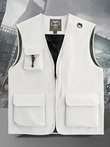 Gilet utilitaire d'extérieur blanc de qualité avec poches, doublure en filet et zip.