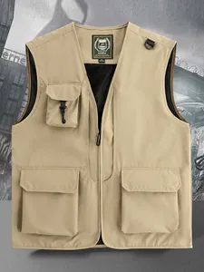 Gilet utilitaire kaki à poches multiples avec doublure en maille pour extérieur