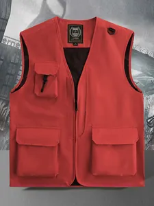 Gilet de travail utilitaire rouge à poches multiples avec doublure en maille pour extérieur