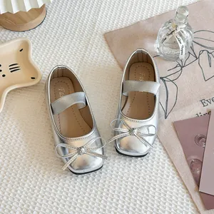Mädchen Französischer Stil Schleife Mary Jane Schuhe Silber Metallic PU Leder Flache Schuhe Für Kinder Prinzessin Party Herbst