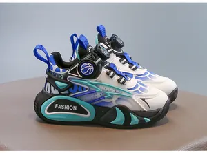 Close-up detail of children's functional shoes showing rotating buckle and fashion logo