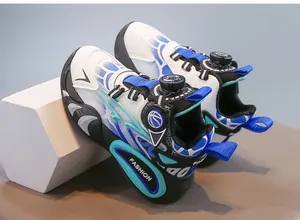 Detailed view of children's sports shoes with a convenient rotating buckle closure