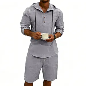 Conjunto de 2 piezas de lino gris para hombre con sudadera con capucha y pantalones cortos