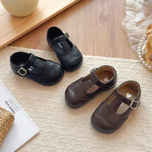 Girls British Style Mary Jane Shoes PU Leather Princess T-Strap Soft Sole Brogue Loafers For Kids Performance School Wear