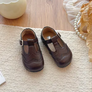 Classic vintage style dark brown T-strap brogue leather shoes for girls with silver buckle
