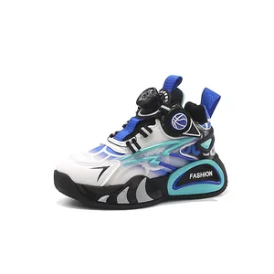 Boys children athletic functional sneaker with rotary buckle closure in white and blue colors