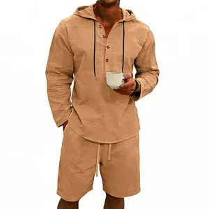 Conjunto casual de lino transpirable para hombre, top con capucha y pantalones cortos