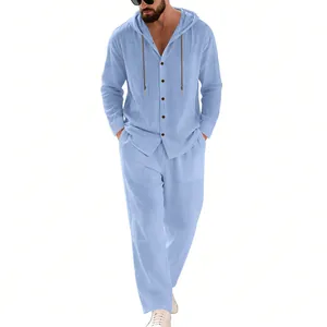 Light blue men's linen two-piece set with hooded button-down shirt and straight pants