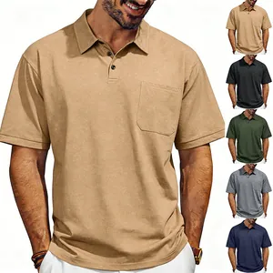 Detailed view of men's distressed polo shirt in various colors with chest pocket