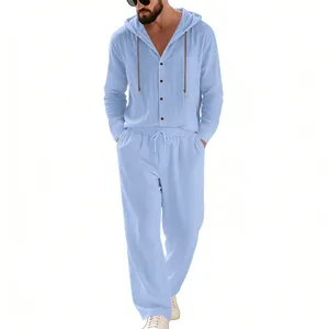 Full view of light blue men's linen two-piece set with hooded shirt and pants