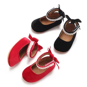 Elegant red and black velvet Mary Jane shoes for toddler girls with pearl straps and bows