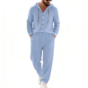 Men's light blue linen set with long sleeve hooded shirt and casual straight trousers