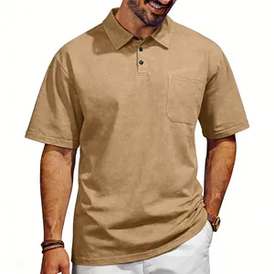 Detail view of men's vintage khaki polo shirt with front pocket and buttoned collar