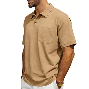 Men's vintage khaki polo shirt with front pocket detail and classic button collar