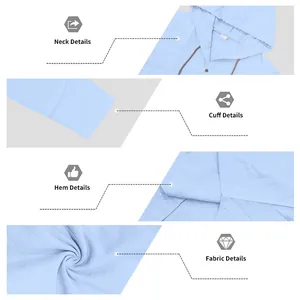 Detailed macro views of the linen fabric, hooded neckline, and stitched cuffs