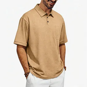 Detailed view of a men's vintage washed khaki polo shirt with a functional chest pocket
