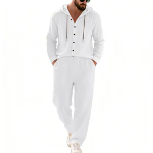 Men's white linen long sleeve hooded button-up shirt and straight pants two-piece set.