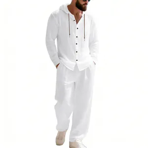 Men's white linen two-piece casual set featuring a hooded button shirt and straight pants
