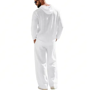 Back view of men's casual white hooded linen long-sleeve shirt and straight pants set