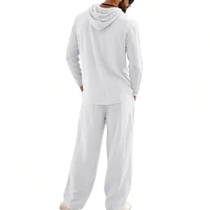 Back view of men's white linen casual hooded shirt and matching loose trousers