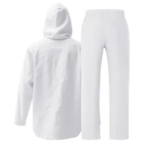 Detailed back view of men's white linen two-piece casual set with hooded shirt and pants