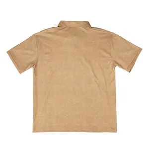 Detailed back view of a men's vintage distressed polo shirt in a neutral sand color finish