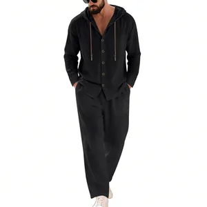 Men's black linen two-piece casual set featuring a hooded shirt and straight pants