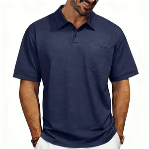 Detailed view of men's washed navy polo shirt featuring a functional chest pocket