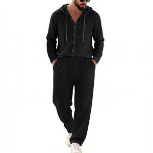 Detailed full-body shot of men's black linen casual hooded shirt and straight pants set
