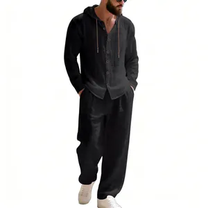 Men's casual black linen two-piece outfit featuring a hooded shirt and straight pants