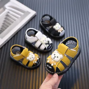 Baby Boy Closed Toe Sandals Summer Cartoon Bear Squeaky Shoes Soft Sole Toddler First Walker Synthetic Leather Sandals