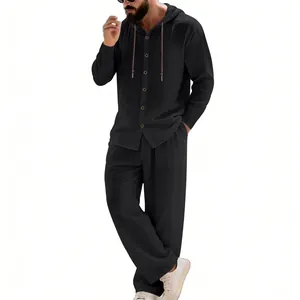 Men's black linen 2-piece set with hooded long sleeve shirt and straight pants