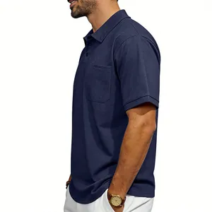 Detailed side profile of a men's navy blue vintage polo shirt with a chest pocket