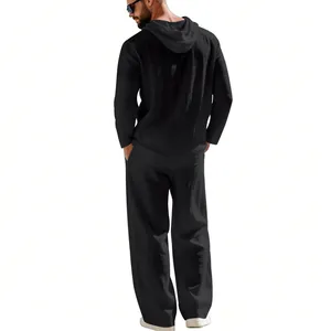 Detailed back view of men's black linen hooded shirt and straight pants set for casual wear