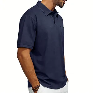 Side view detail showing the texture and pocket of a navy blue distressed polo shirt