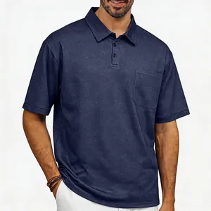 Detailed view of men's vintage washed polo shirt with chest pocket and classic collar