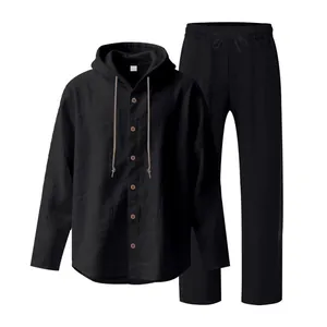 Men's black linen casual 2-piece set with hooded button-down shirt and pants