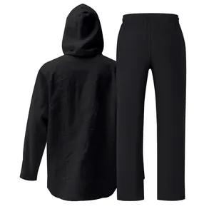 Back view of men's black linen casual hooded shirt and straight trousers set